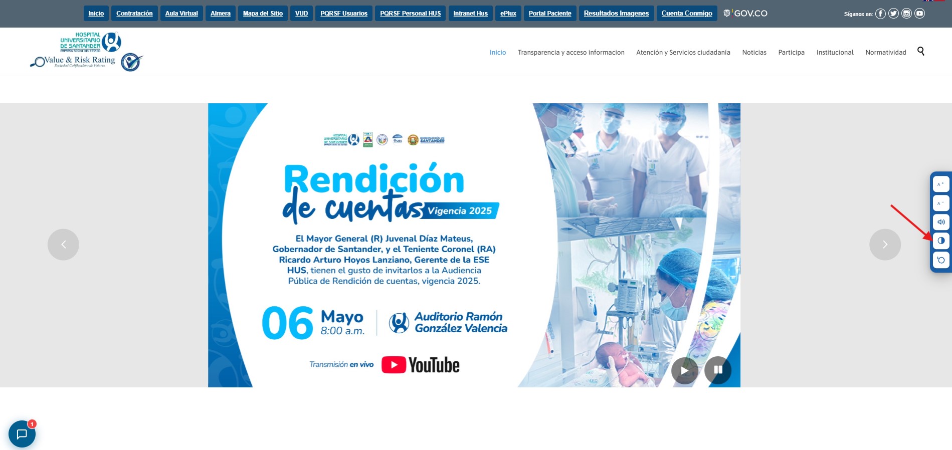 Captura de pantalla mostrando la opción de alto contraste activada en el sitio web del hospital